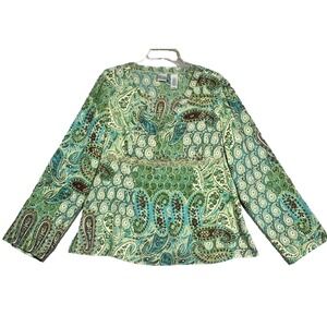 Emma & James Top Women's 18 Green Paisley Boho Baby Doll Long‎ Sleeve Semi Sheer